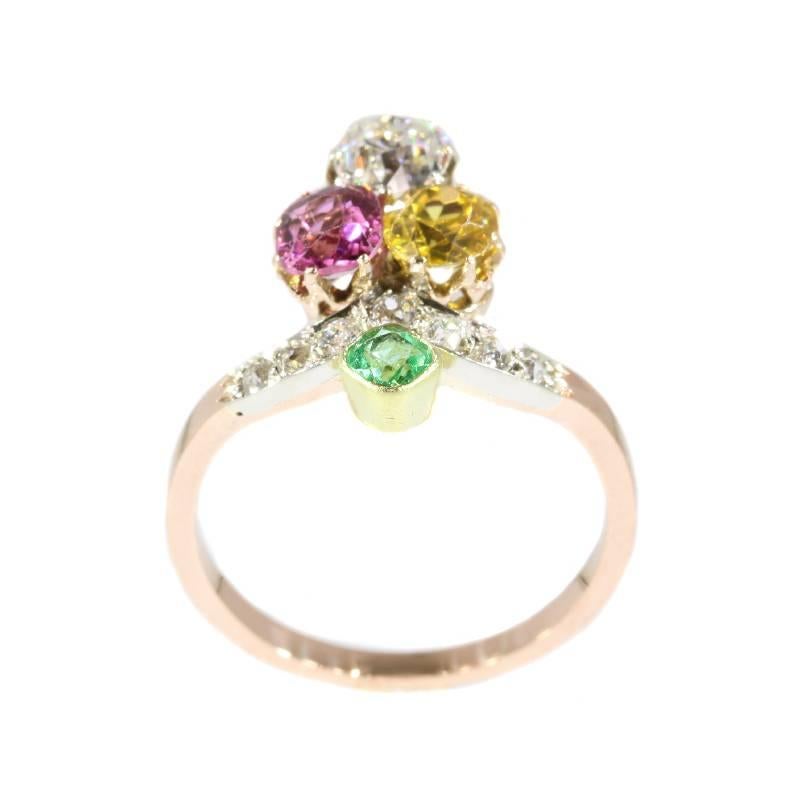 Women's Victorian Suffragette Diamond Beryl Tourmaline 18 Karat Gold Engagement Ring
