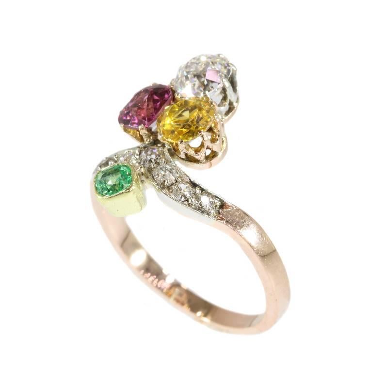 Victorian Suffragette Diamond Beryl Tourmaline 18 Karat Gold Engagement Ring 1