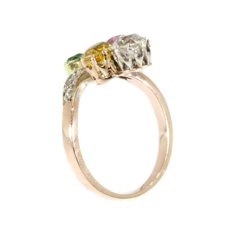Victorian Suffragette Diamond Beryl Tourmaline 18 Karat Gold Engagement Ring 3