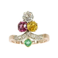 Antique Victorian Suffragette Diamond Beryl Tourmaline 18 Karat Gold Engagement Ring