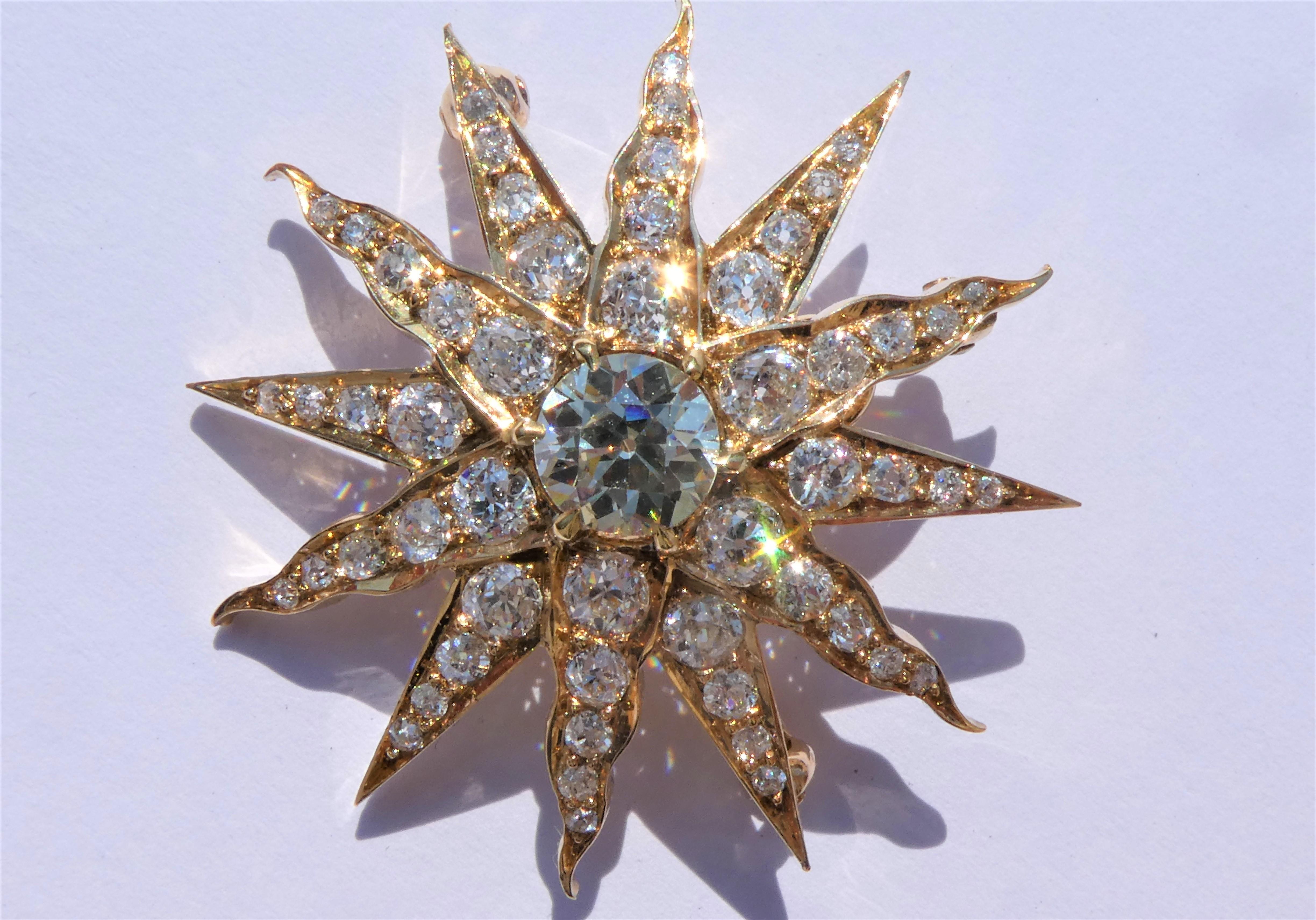 The Victorian star or sunburst brooch has a fold down attachement. Therefore it can be worn as a pendant or brooch. The pin centers an old mine cut diamond weighing circa 1.3 carat. Accentuating the center stone there a old cut diamonds of circa 2.3