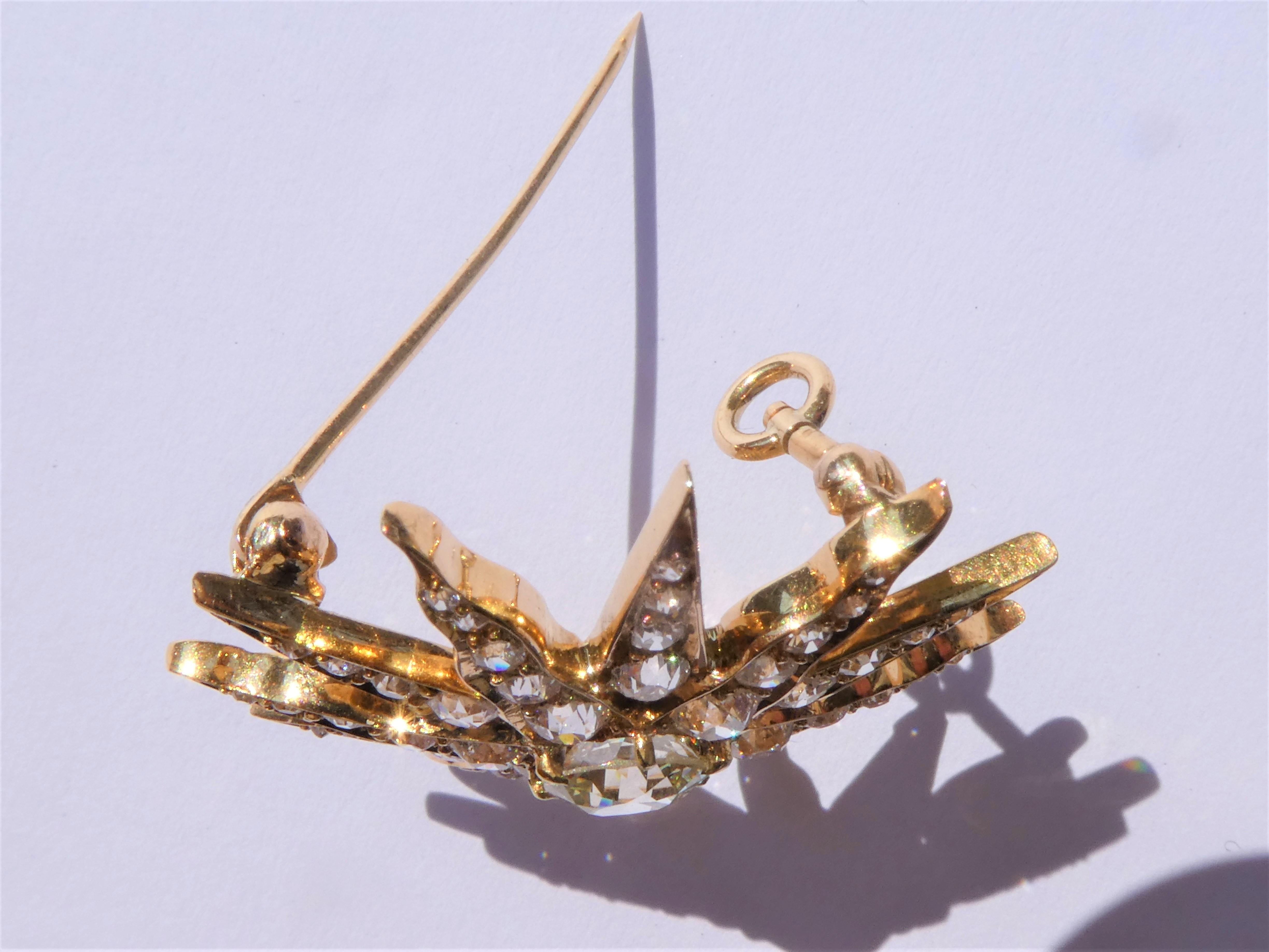 Women's Victorian Twelve-Rayed Star Sunburst Gold Diamond Brooch Pendant For Sale