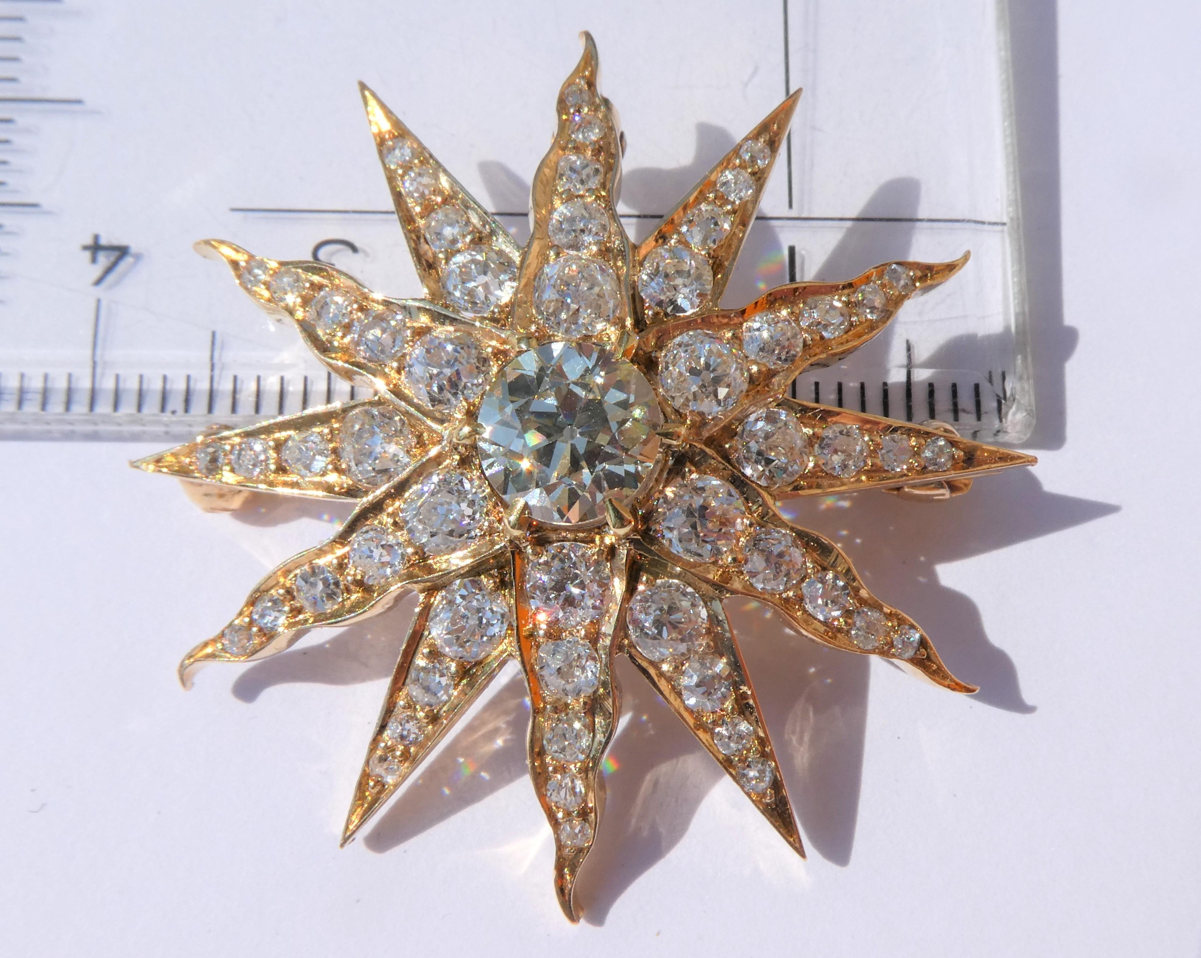 Victorian Twelve-Rayed Star Sunburst Gold Diamond Brooch Pendant For Sale 2
