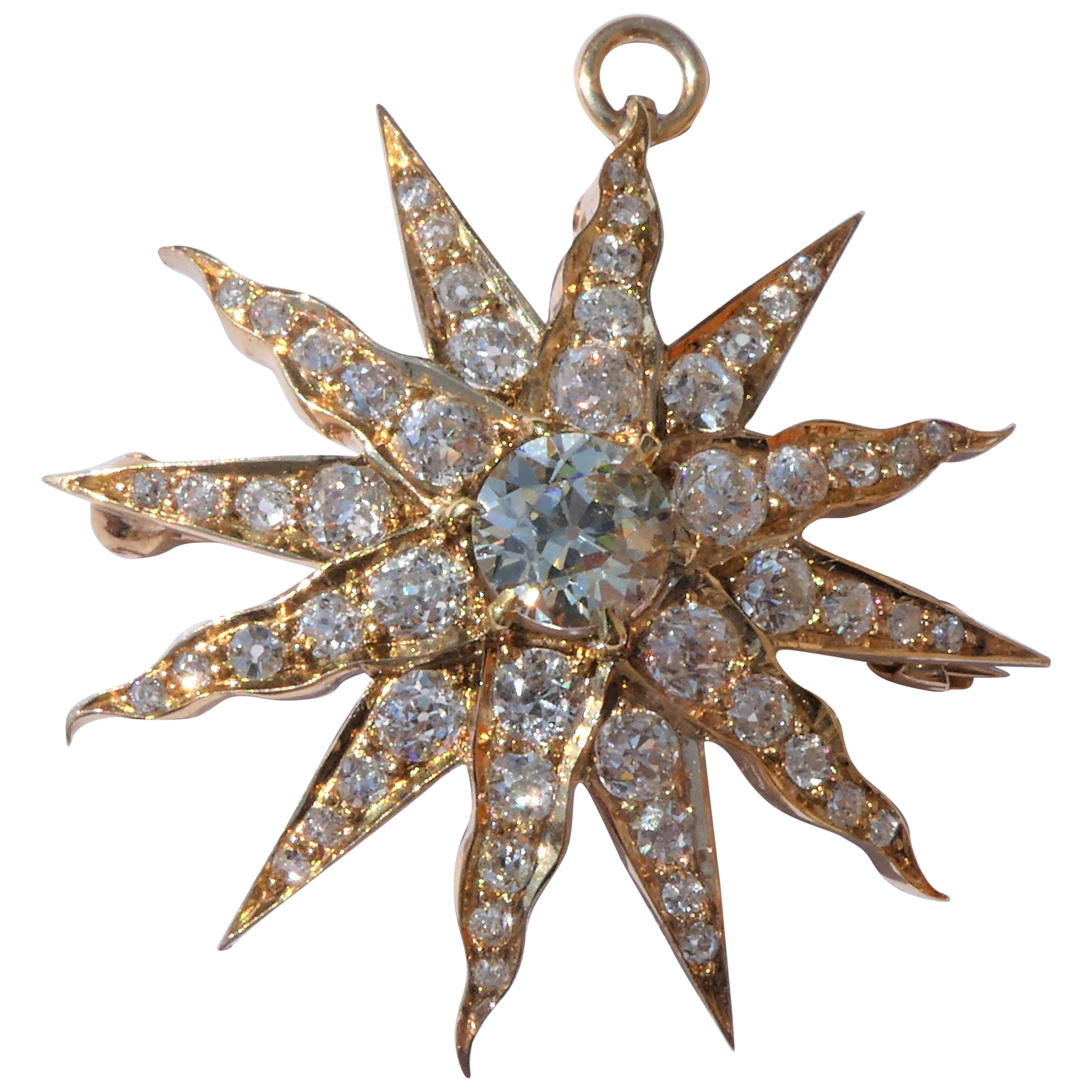 Victorian Twelve-Rayed Star Sunburst Gold Diamond Brooch Pendant For Sale