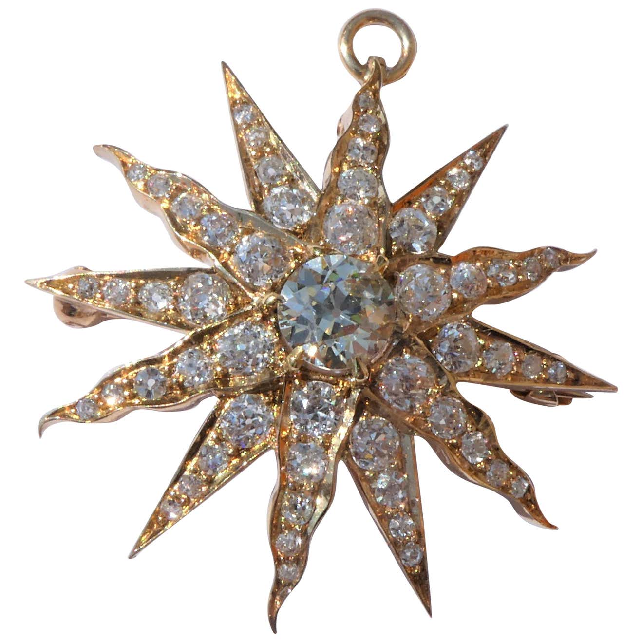 Victorian Twelve-Rayed Star Sunburst Gold Diamond Brooch Pendant For ...
