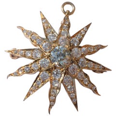 Victorian Twelve-Rayed Star Sunburst Gold Diamond Brooch Pendant