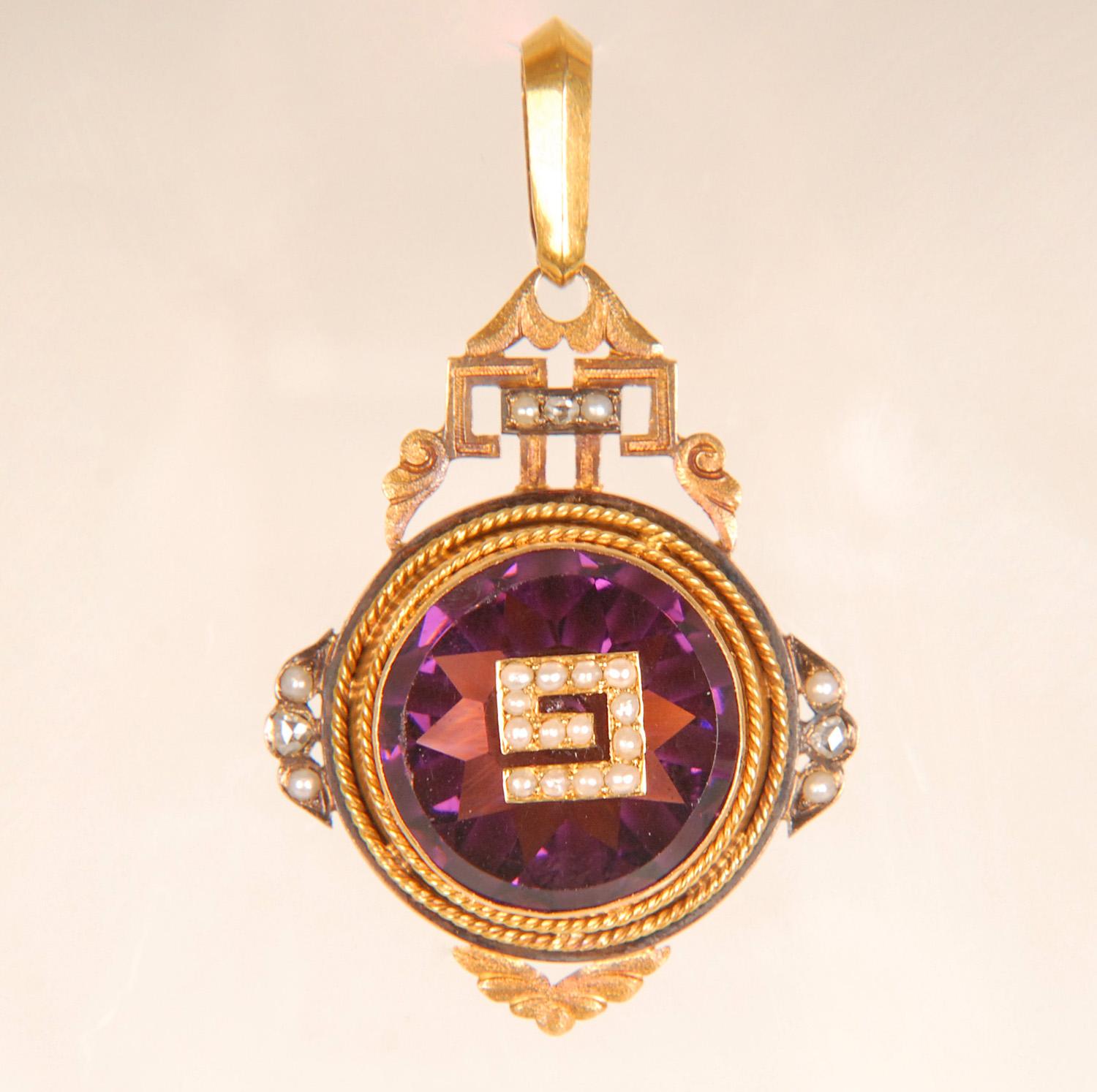 Early Victorian Victorian Sweetheart locket pendant 18K gold diamonds pearls amethyst glass past For Sale