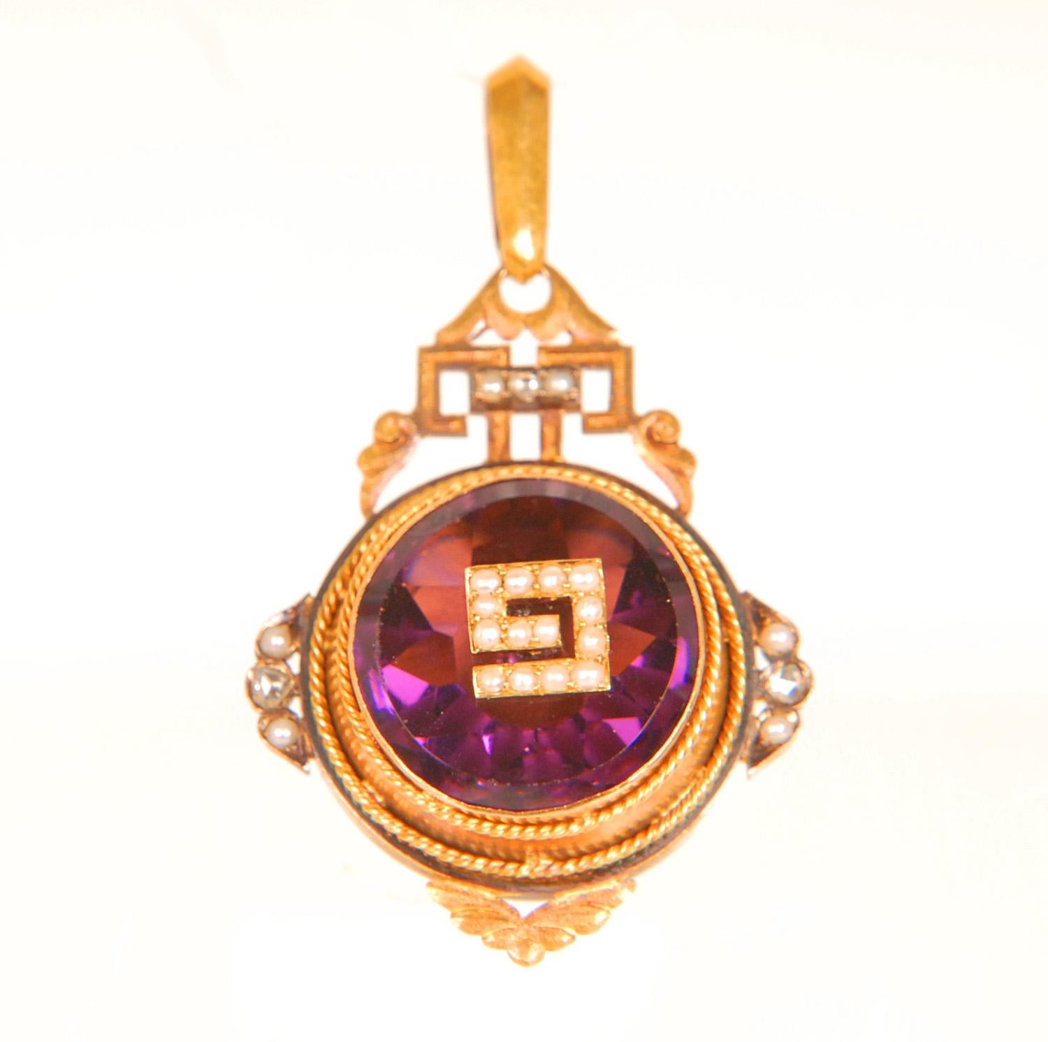 European Victorian Sweetheart locket pendant 18K gold diamonds pearls amethyst glass past For Sale