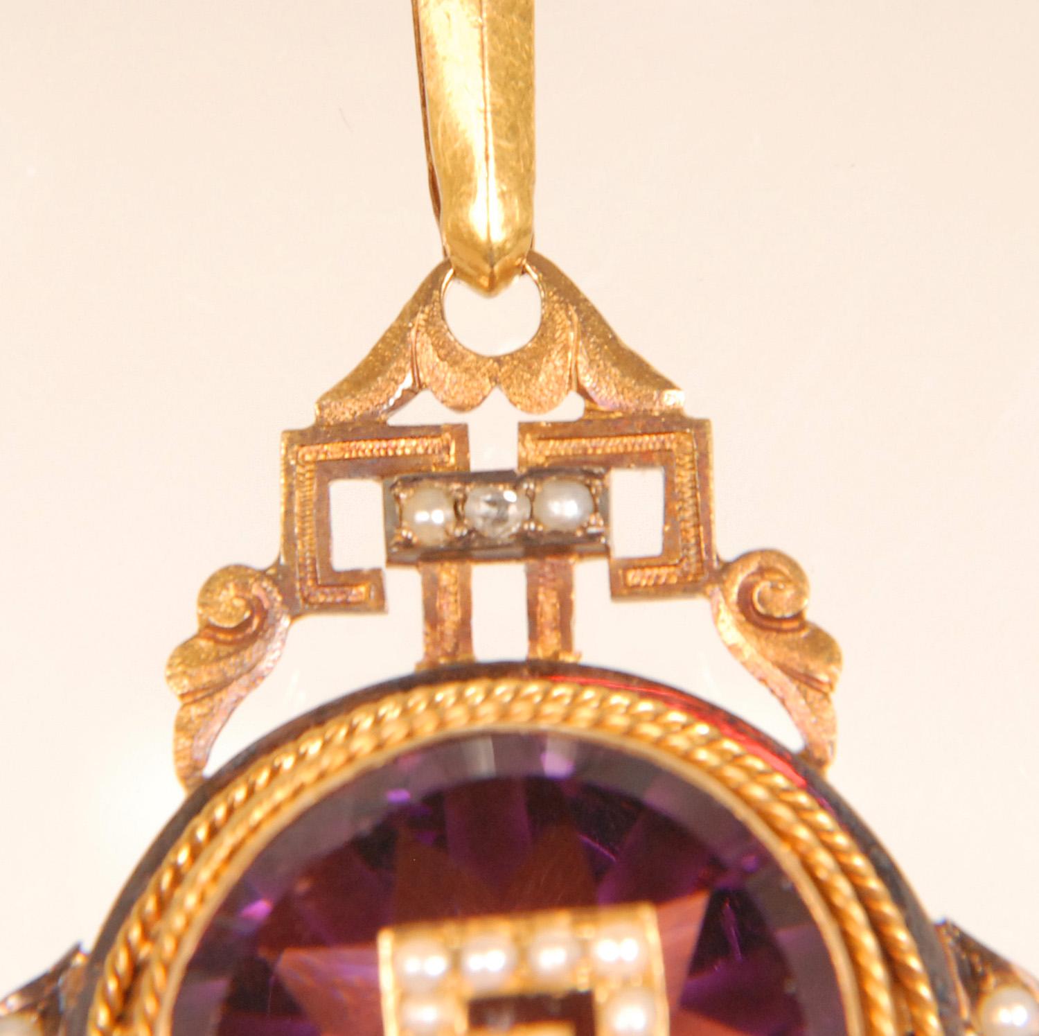 Hand-Crafted Victorian Sweetheart locket pendant 18K gold diamonds pearls amethyst glass past For Sale