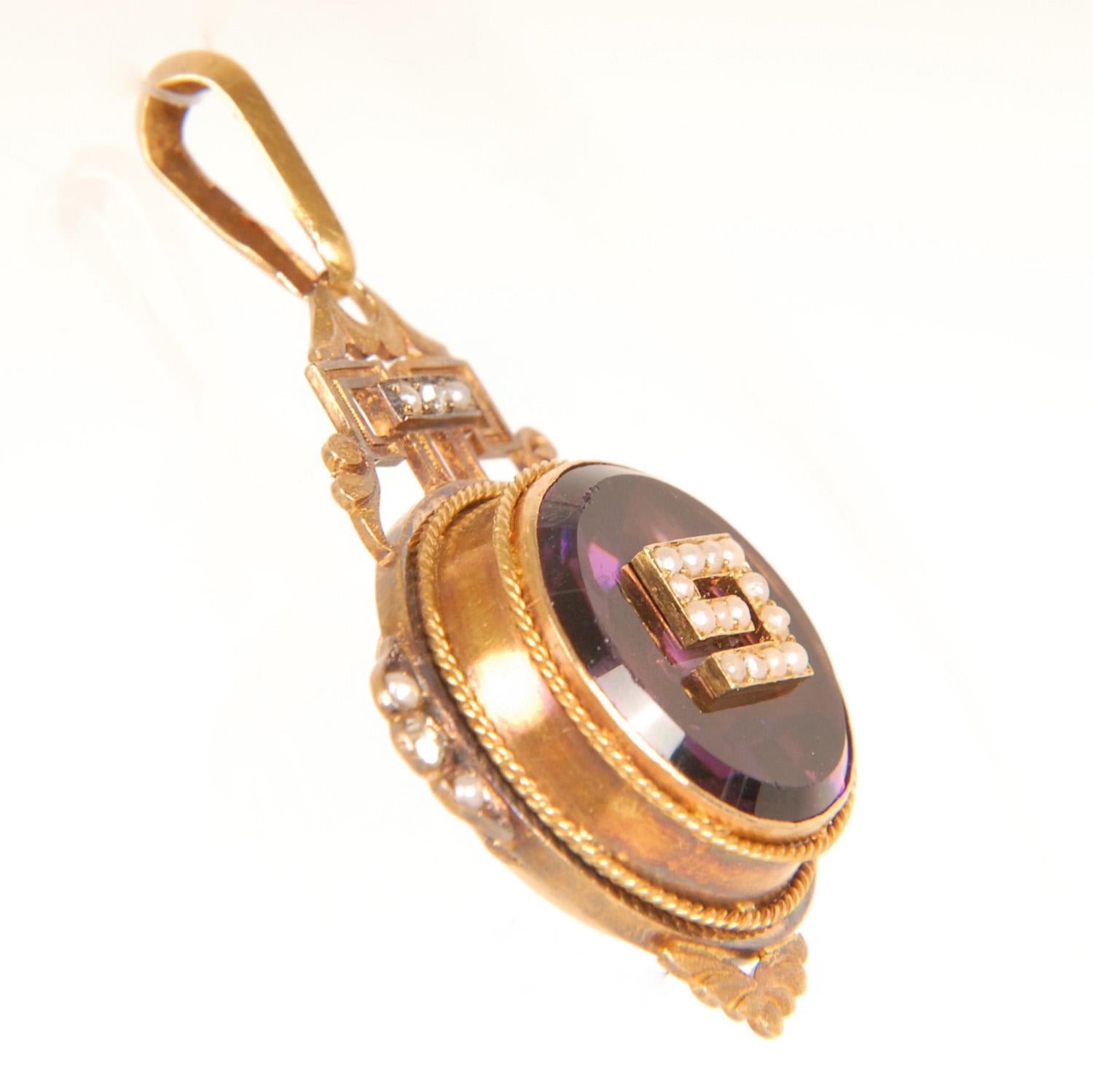 19th Century Victorian Sweetheart locket pendant 18K gold diamonds pearls amethyst glass past For Sale