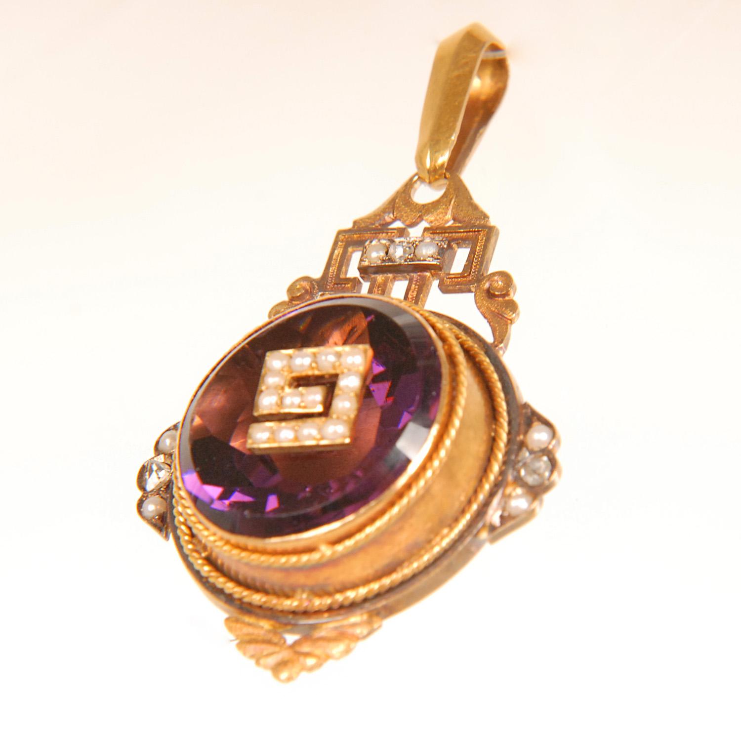 Gold Victorian Sweetheart locket pendant 18K gold diamonds pearls amethyst glass past For Sale