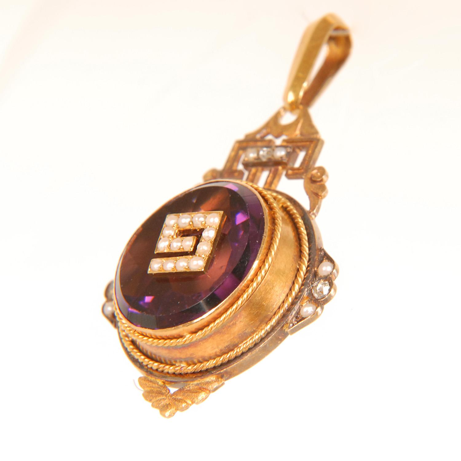 Victorian Sweetheart locket pendant 18K gold diamonds pearls amethyst glass past For Sale 1