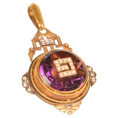 Ciondolo vittoriano Sweetheart in oro 18 carati con diamanti, perle e ametista, passato in vetro