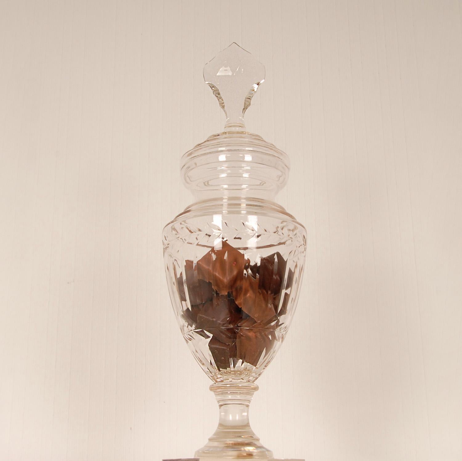 Hand-Crafted Victorian Sweetmeat Jar Cut Crystal Antique Footed Glass Urn Vase Jar Coupe For Sale