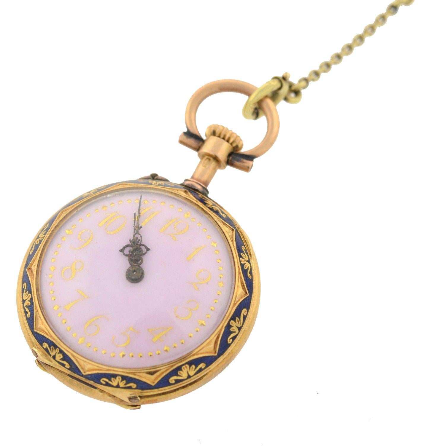 Rose Cut Victorian Swiss Diamond, Pearl, and Guilloché Enamel Watch Pendant Necklace