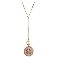 Victorian Swiss Diamond, Pearl, and Guilloché Enamel Watch Pendant Necklace