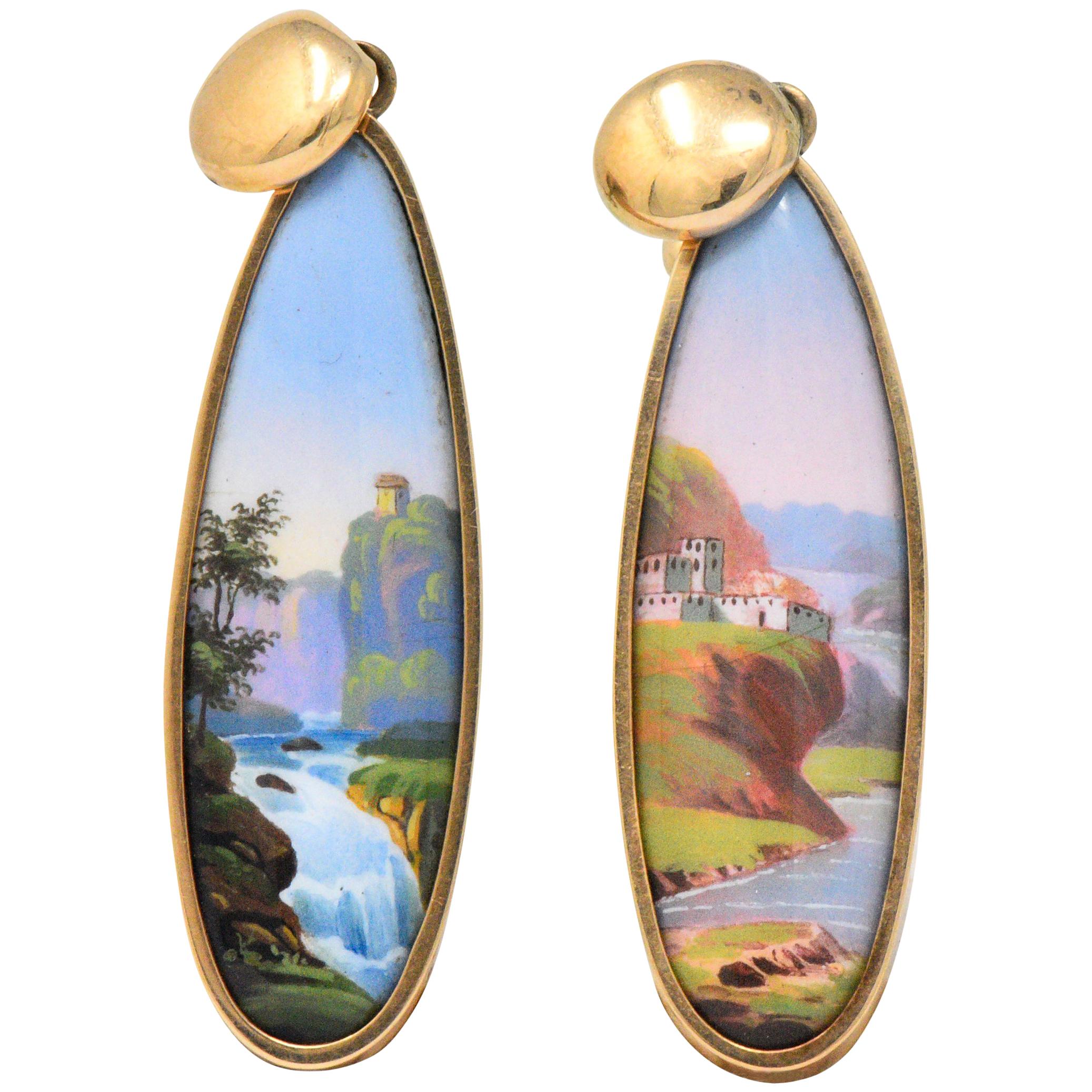 Victorian Swiss Enamel Painted Porcelain 14 Karat Gold Drop Earrings