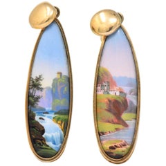 Antique Victorian Swiss Enamel Painted Porcelain 14 Karat Gold Drop Earrings