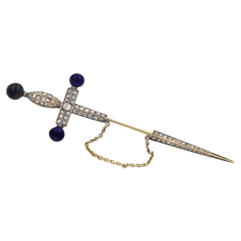 Victorian Sword Jabot with Diamonds and Lapis For Sale