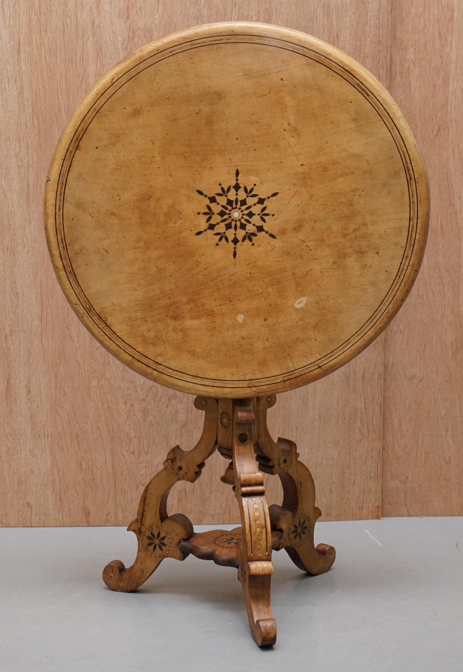 Victorian Sycamore Wood Mother of Pearl Inlay Round Tilt-Top Occasional Table For Sale 7