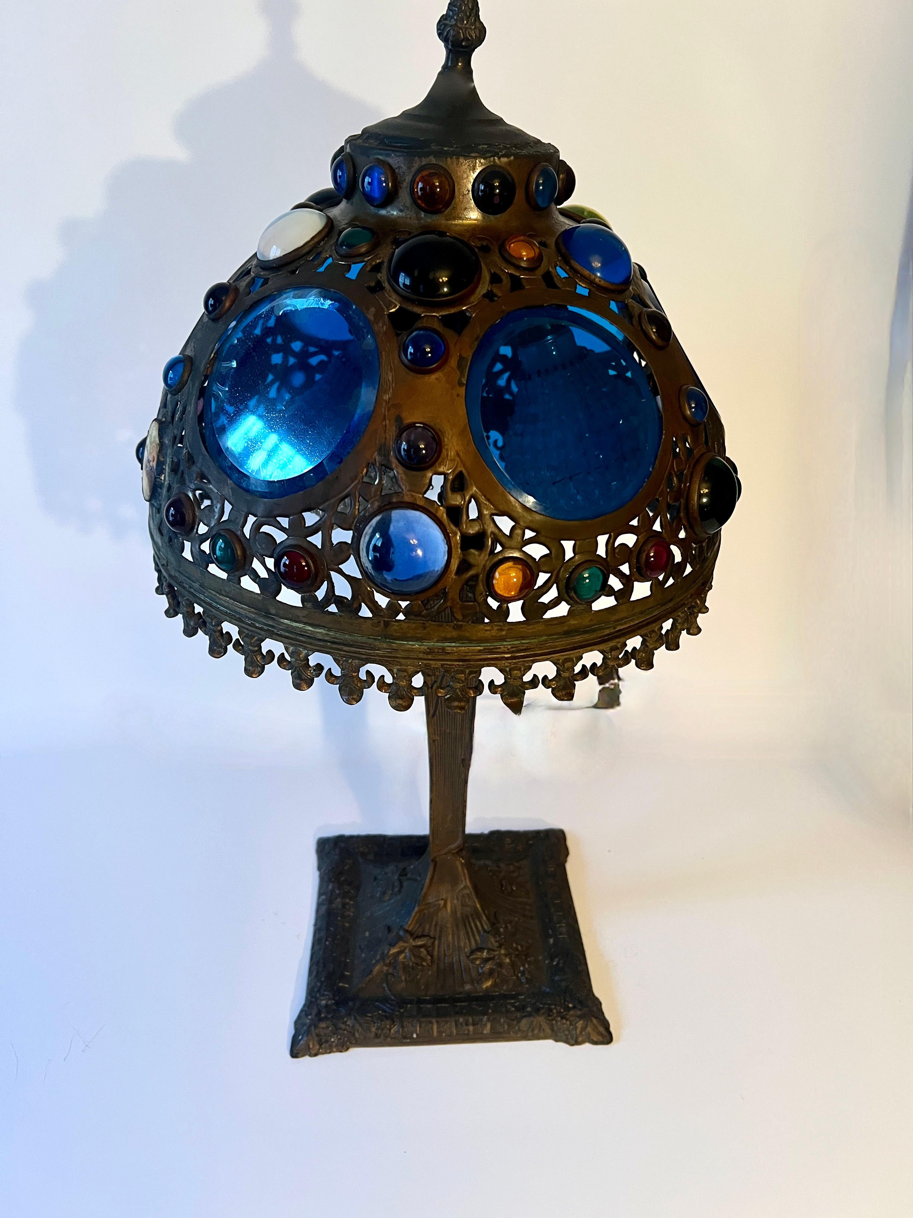 Victorian Table Lamp in Bronze with Glass Disks and Bead Details For Sale 4