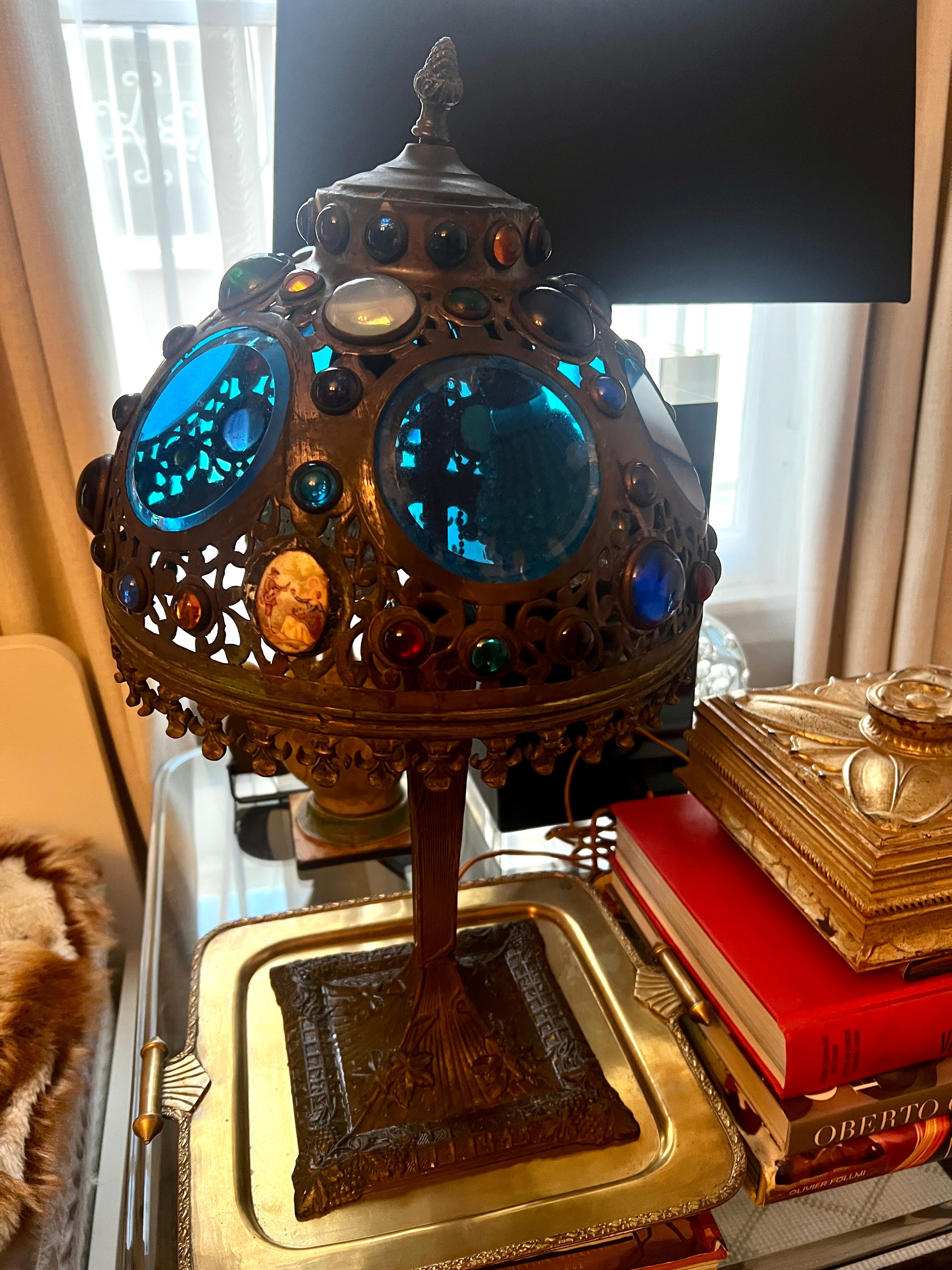 Victorian Table Lamp in Bronze with Glass Disks and Bead Details For Sale 5