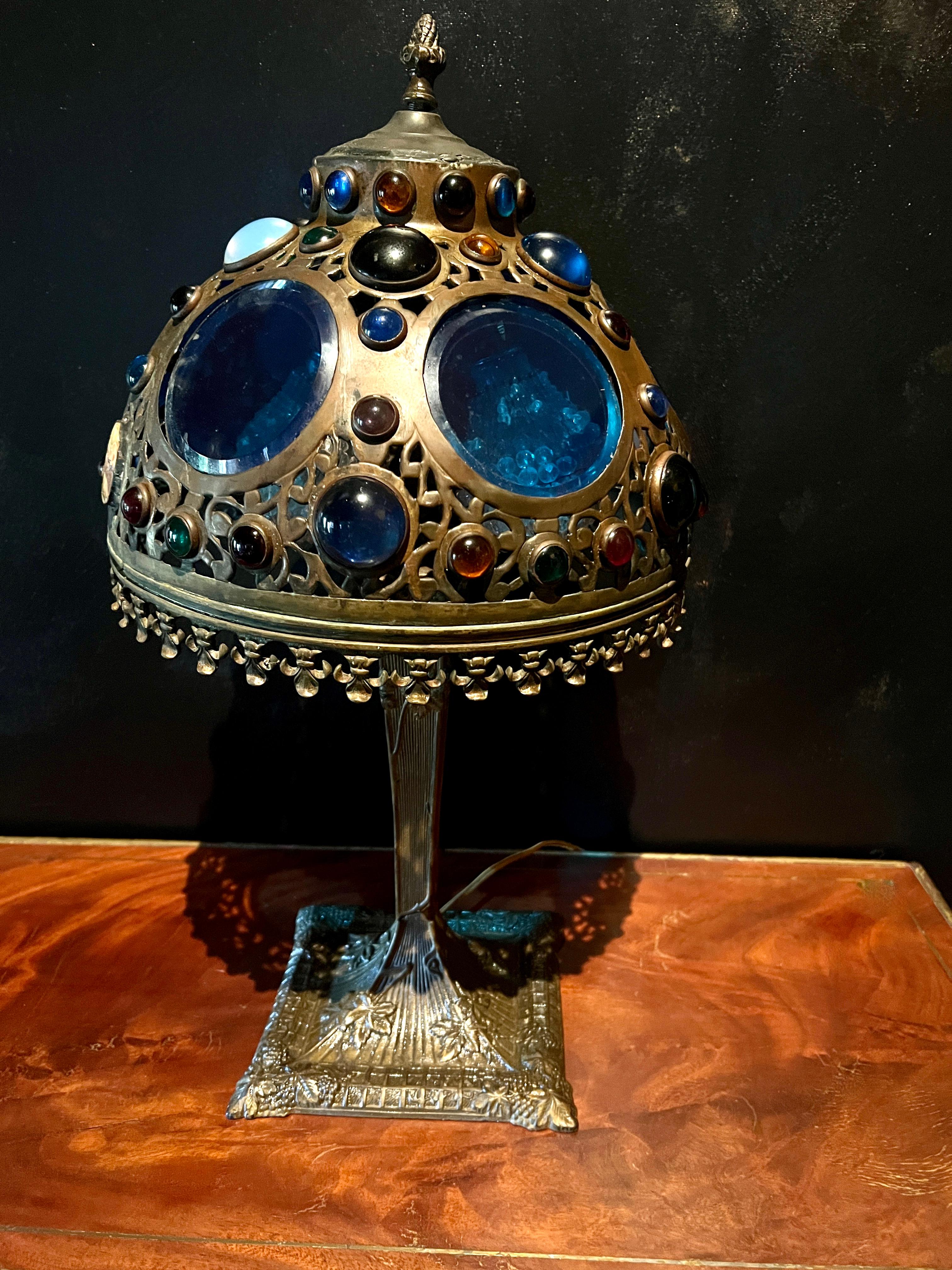 Patinated Victorian Table Lamp in Bronze with Glass Disks and Bead Details For Sale