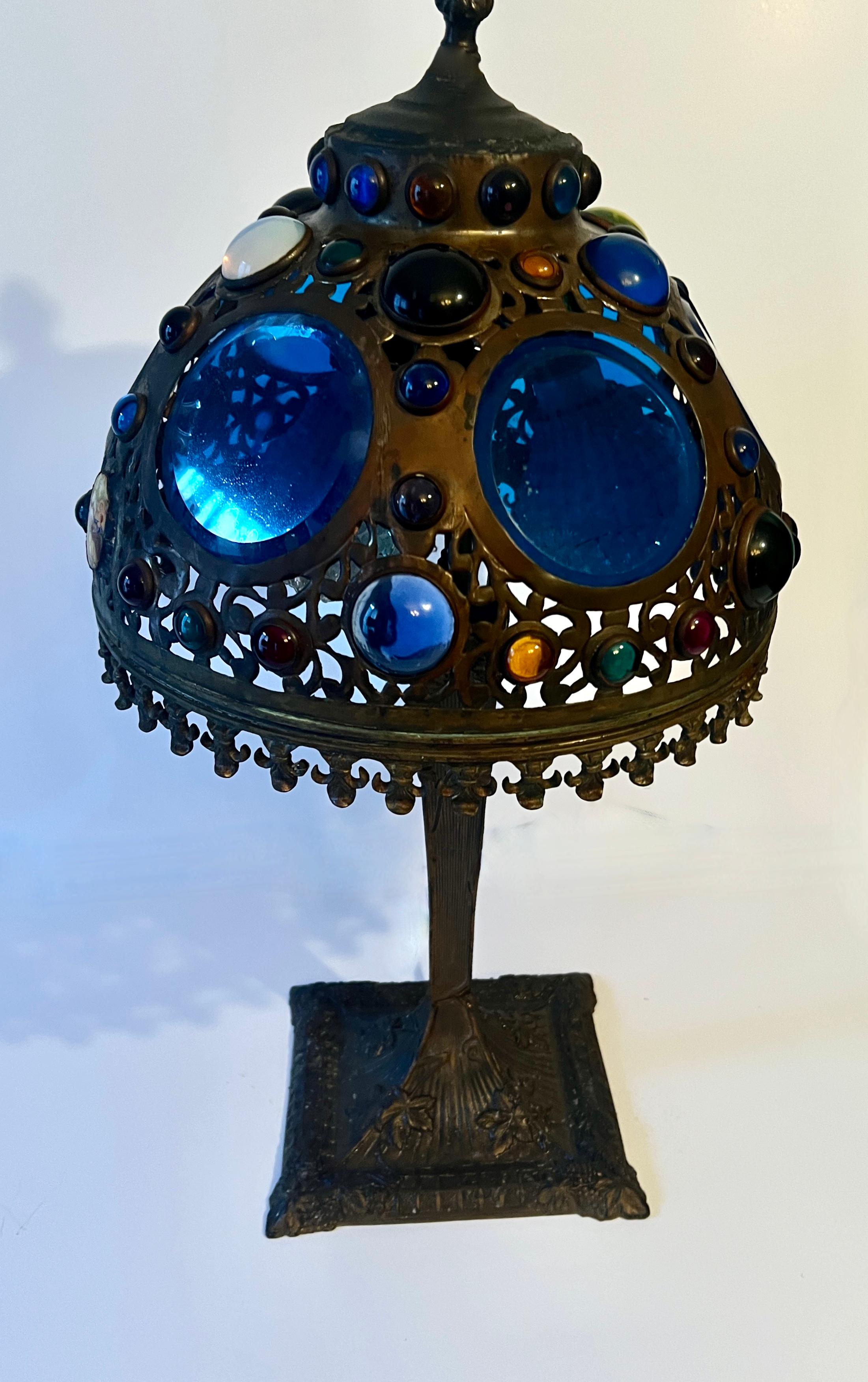 Victorian Table Lamp in Bronze with Glass Disks and Bead Details In Good Condition For Sale In Los Angeles, CA