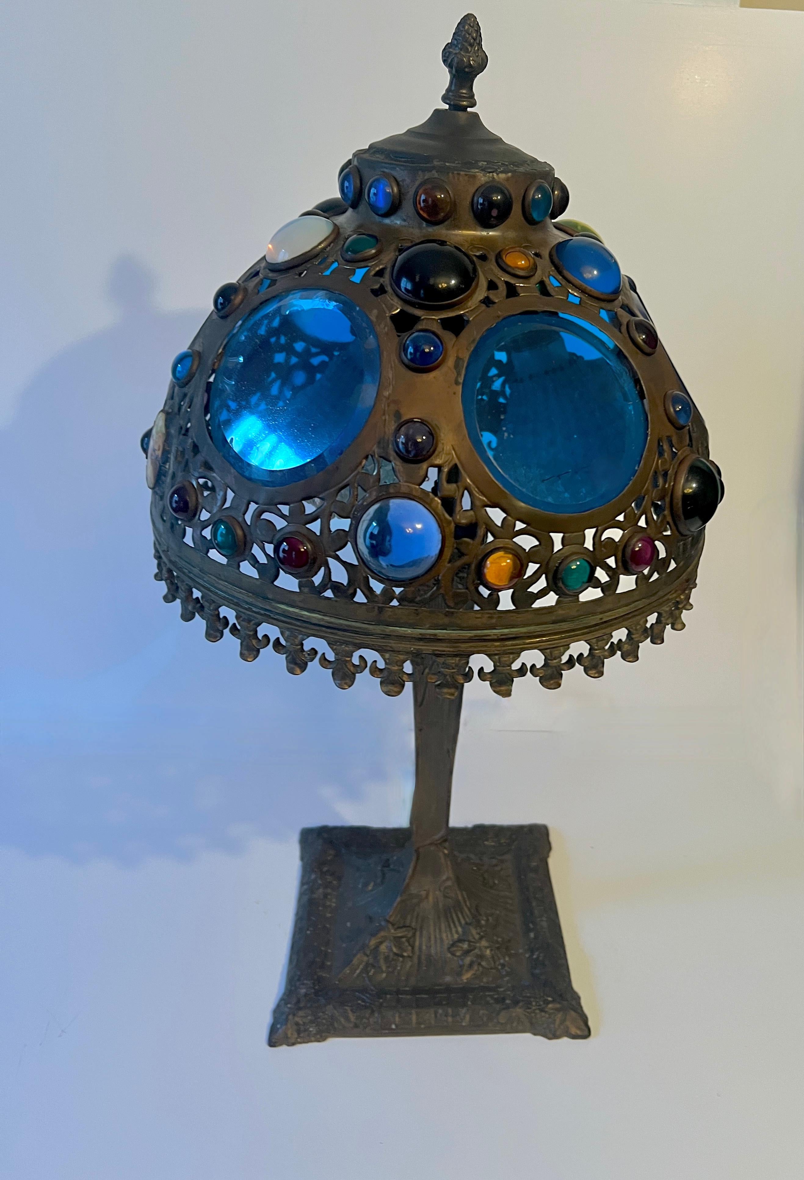 20th Century Victorian Table Lamp in Bronze with Glass Disks and Bead Details For Sale