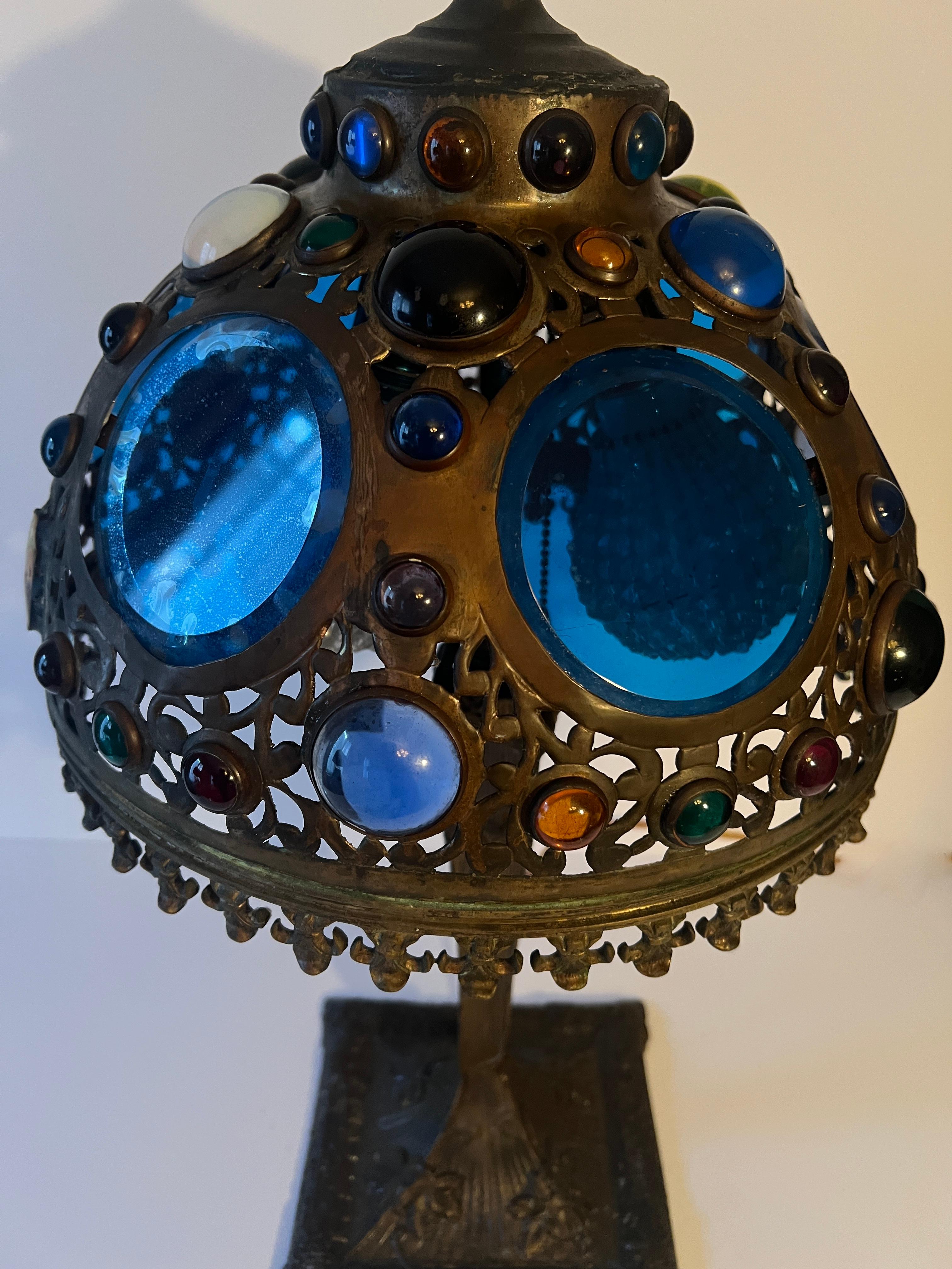 Victorian Table Lamp in Bronze with Glass Disks and Bead Details For Sale 1