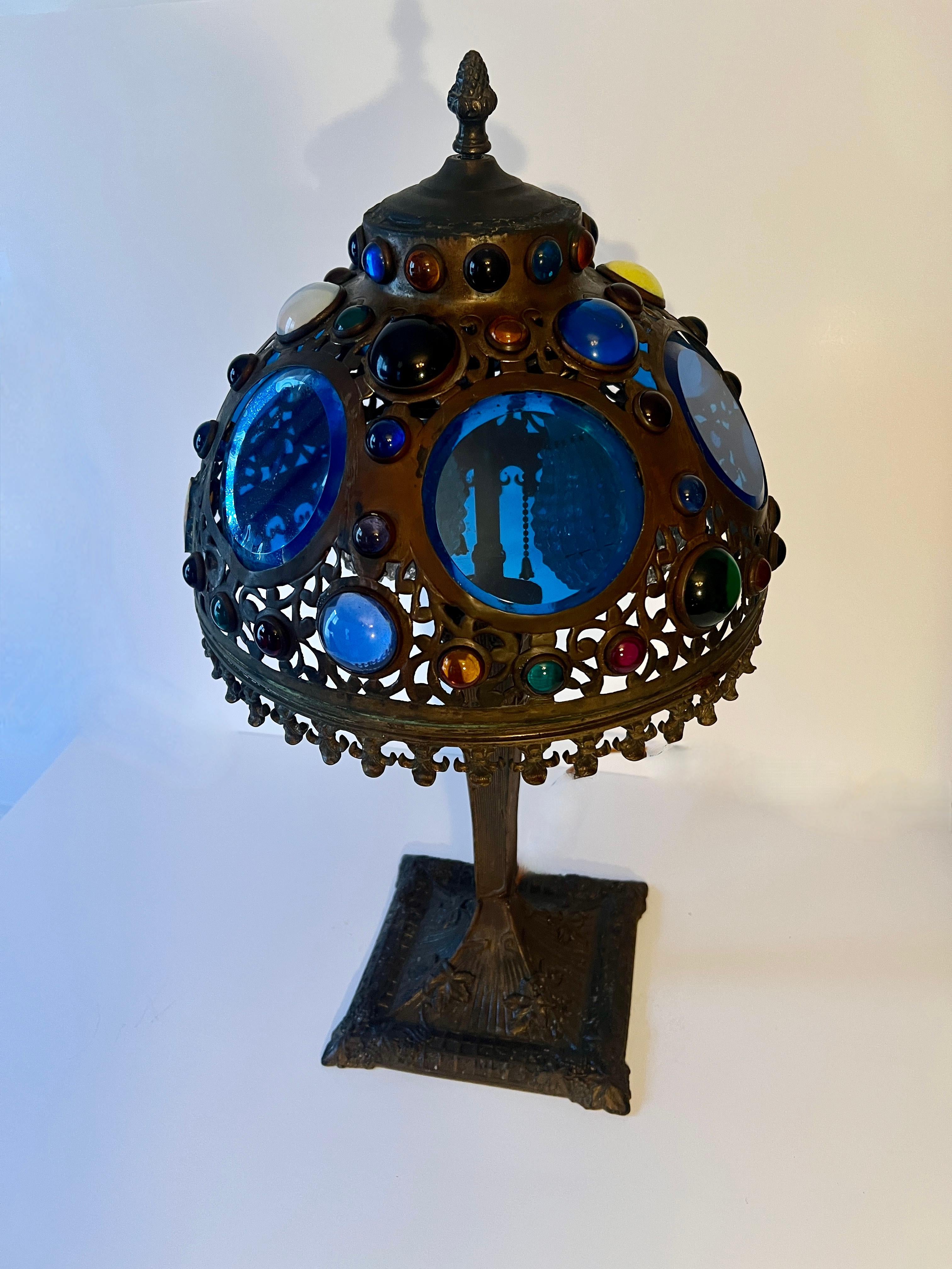 Victorian Table Lamp in Bronze with Glass Disks and Bead Details For Sale 3