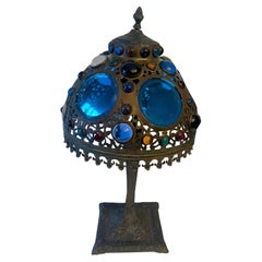 Victorian Table Lamp in Bronze with Glass Disks and Bead Details