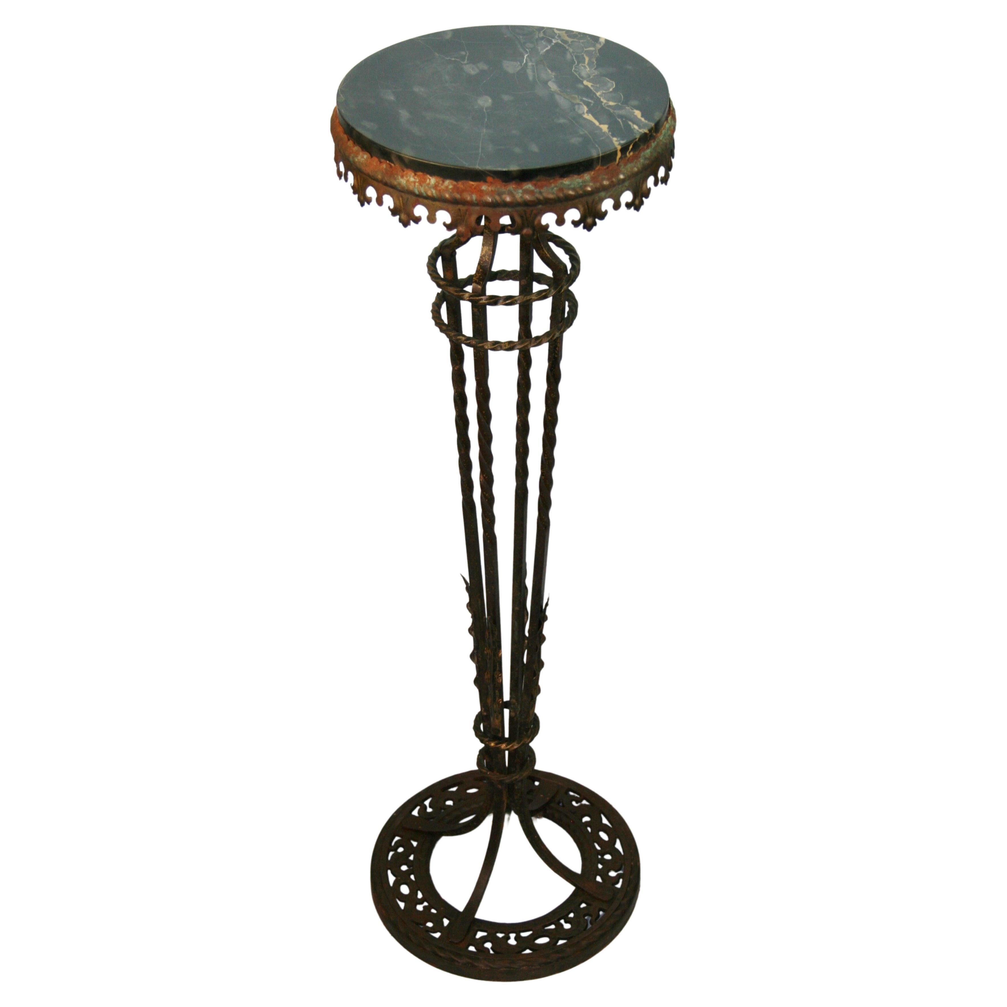Victorian Tall Iron and Marble Garden Pedestal/Side Table