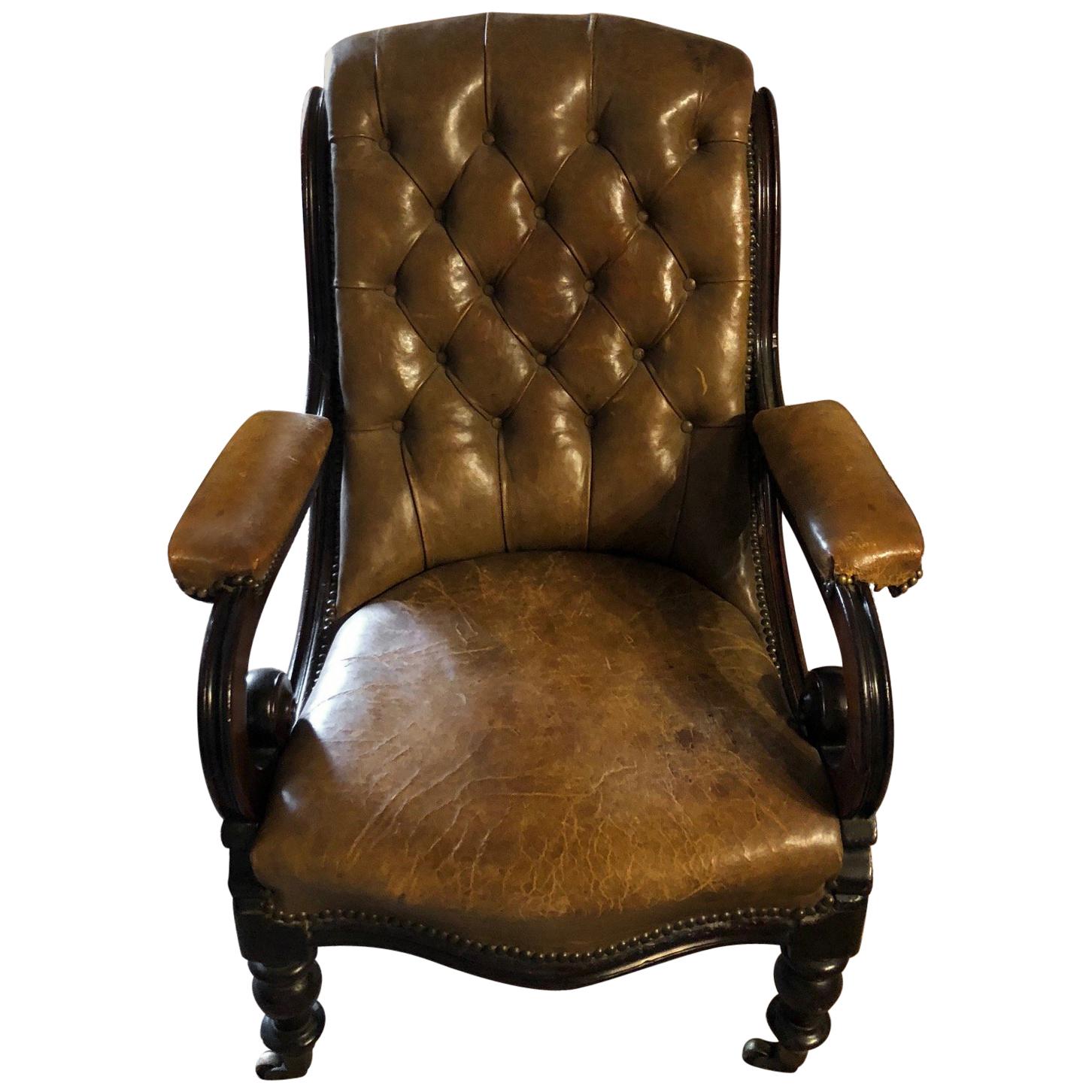 Victorian Tan Leather Mahogany Framed Open Armchair For Sale