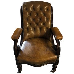 Victorian Tan Leather Mahogany Framed Open Armchair