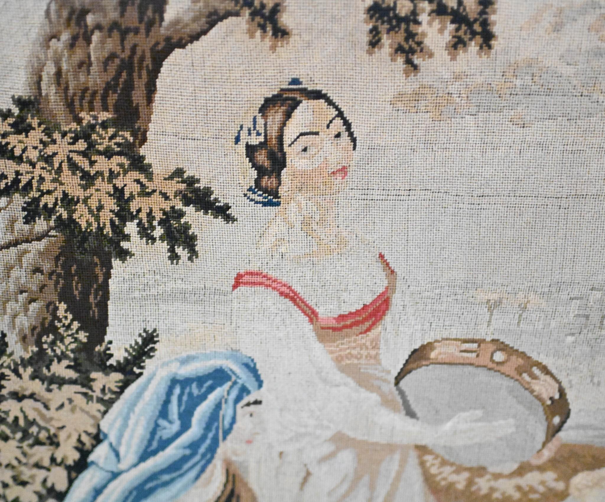 Victorian Tapestry Screen Needlepoint Hand Woven 1840 Pastoral In Good Condition For Sale In Potters Bar, GB