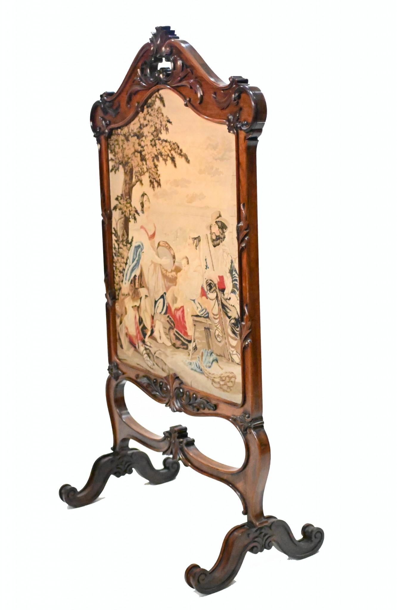 Mahogany Victorian Tapestry Screen Needlepoint Hand Woven 1840 Pastoral For Sale