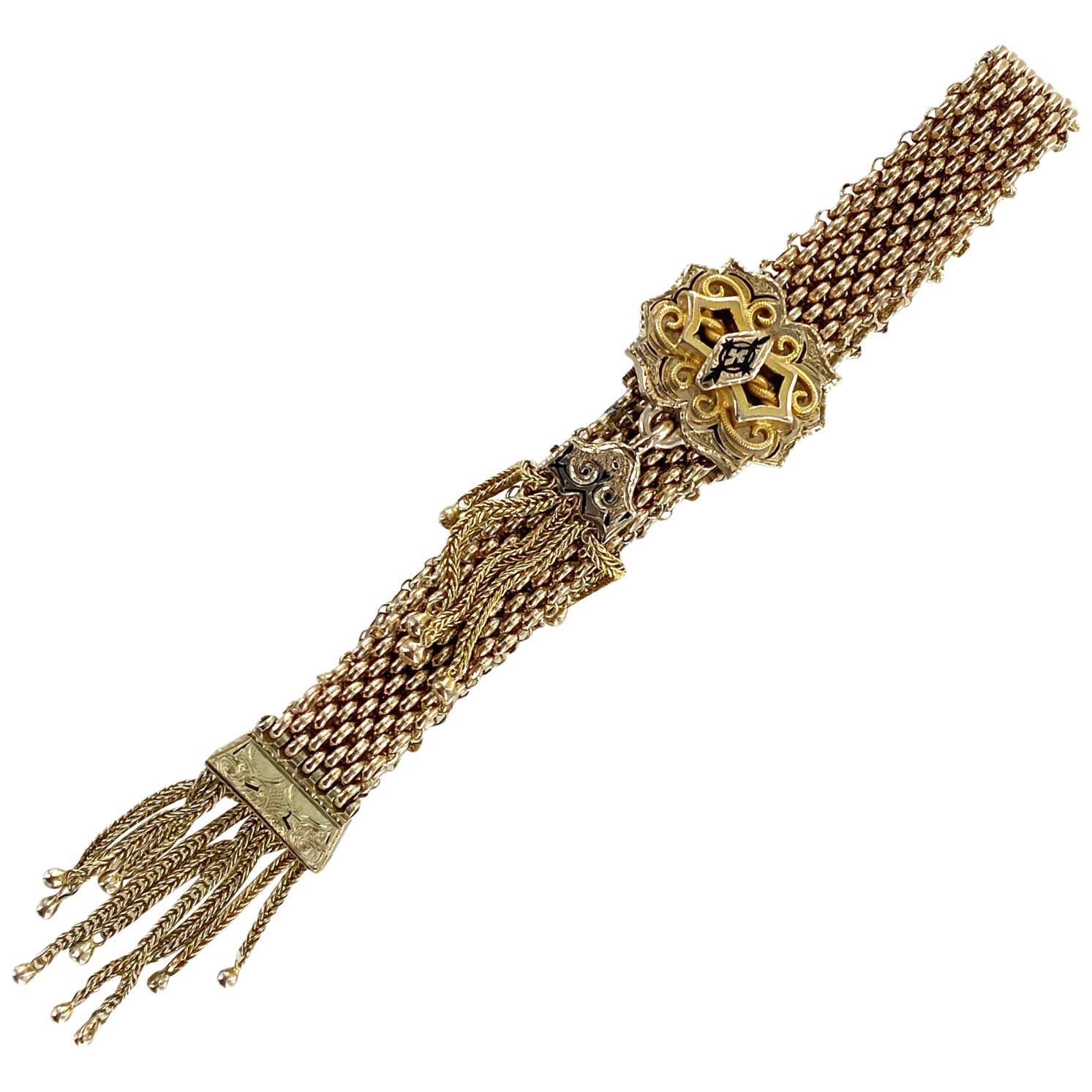 Victorian Tassel Enamel Slide Bracelet 9 Karat Yellow Gold
