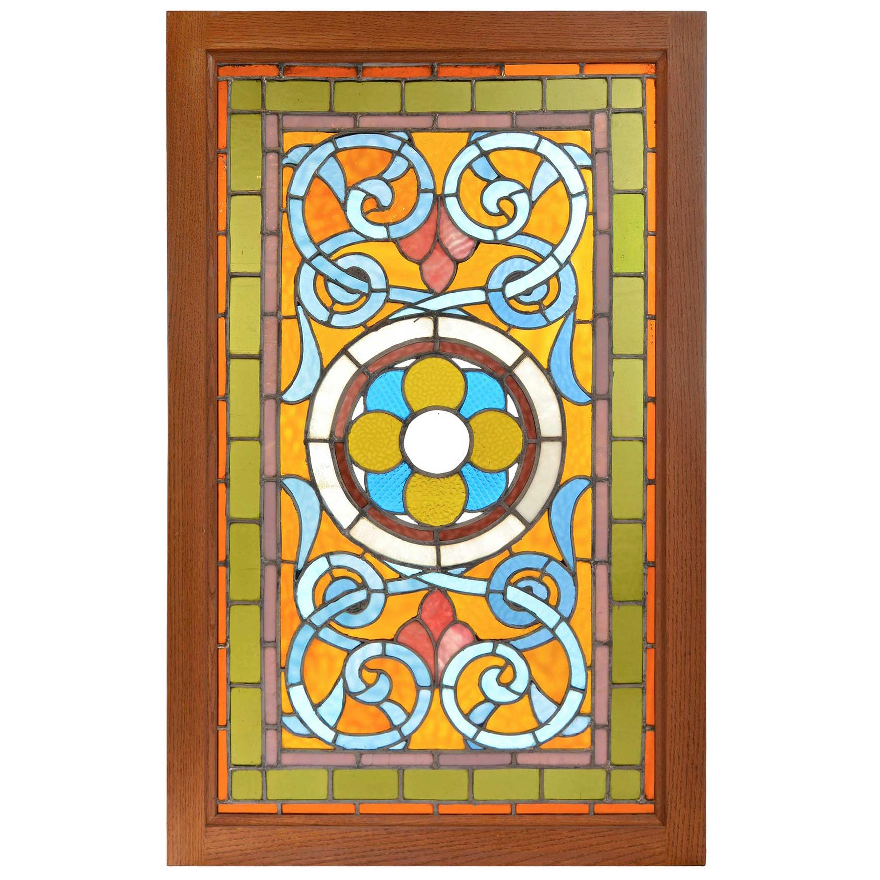 Victorian Teal and Amber Stained Glass Window with Rondelles For Sale
