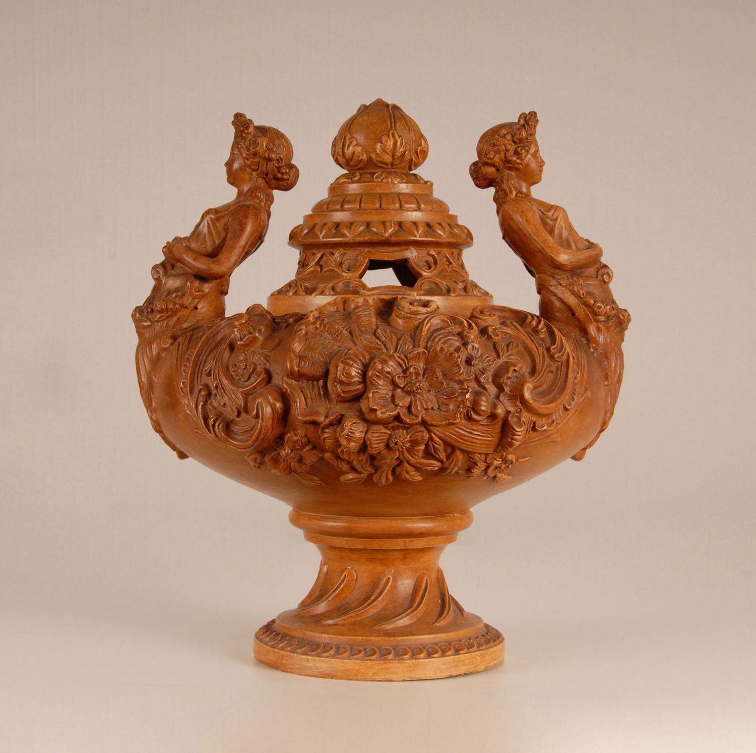 Austrian Victorian Terracotta potpourri vase pierced cover Caryatids Neoclassical urn  For Sale
