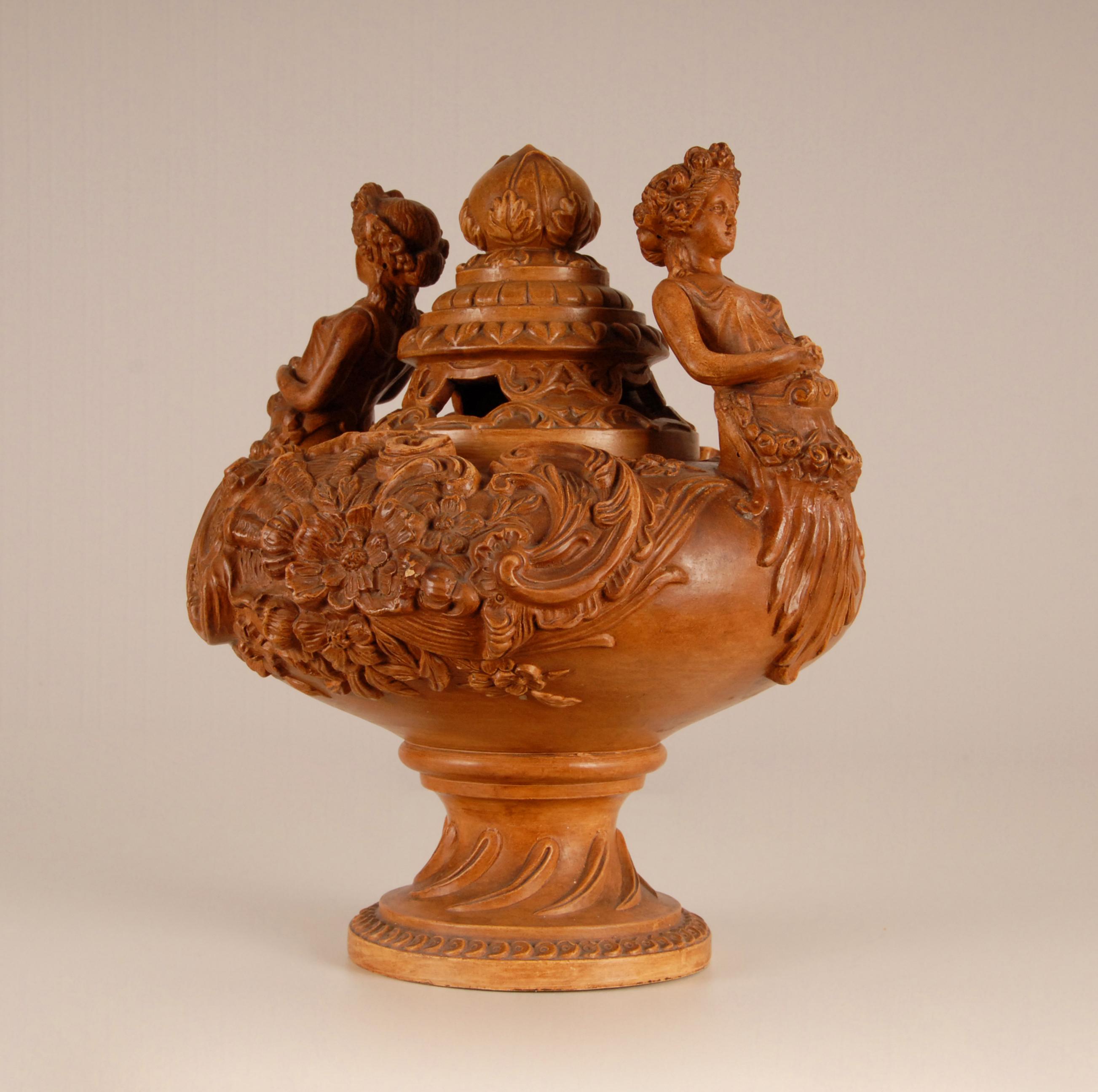 Hand-Crafted Victorian Terracotta potpourri vase pierced cover Caryatids Neoclassical urn  For Sale