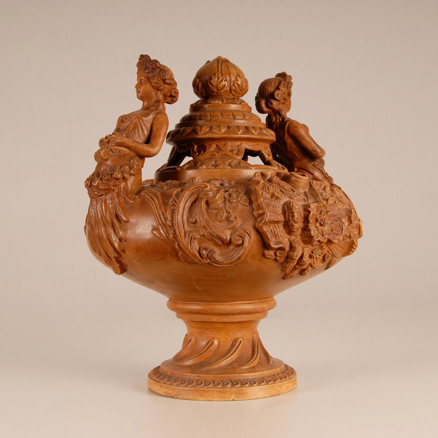 Victorian Terracotta potpourri vase pierced cover Caryatids Neoclassical urn  In Good Condition For Sale In Wommelgem, VAN
