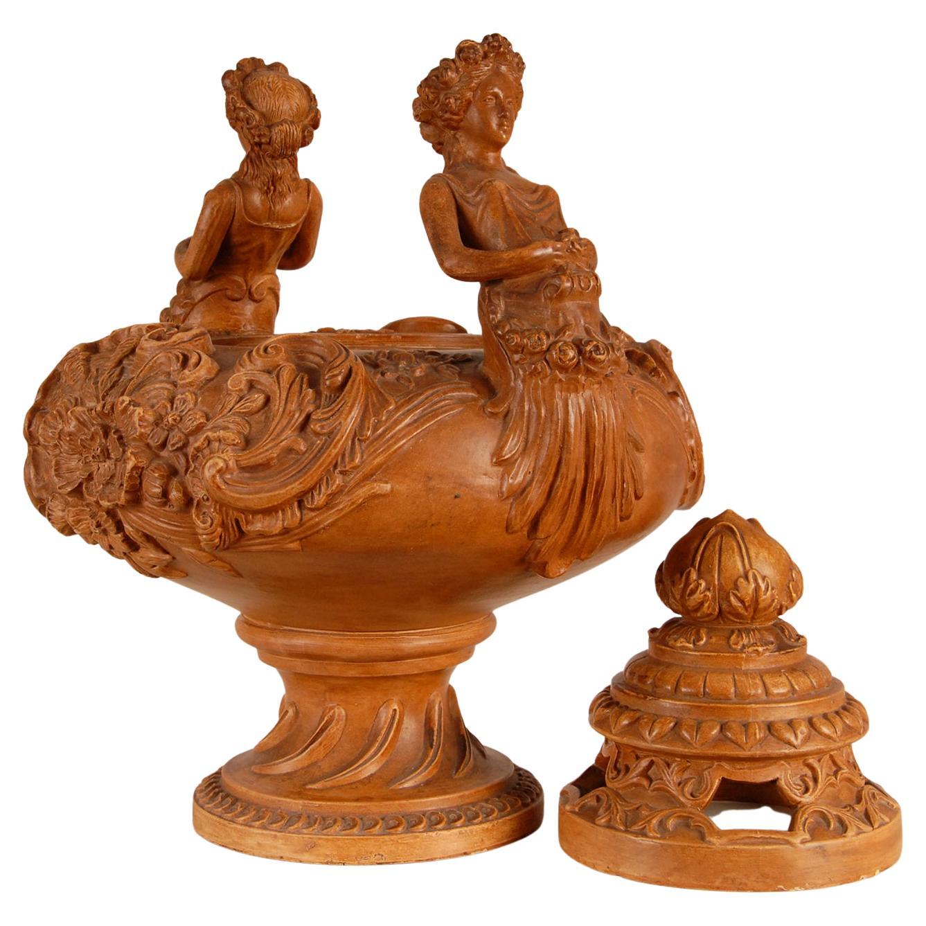 Vase pot-pourri victorien en terre cuite avec couvercle percé, urne néoclassique Caryatids 