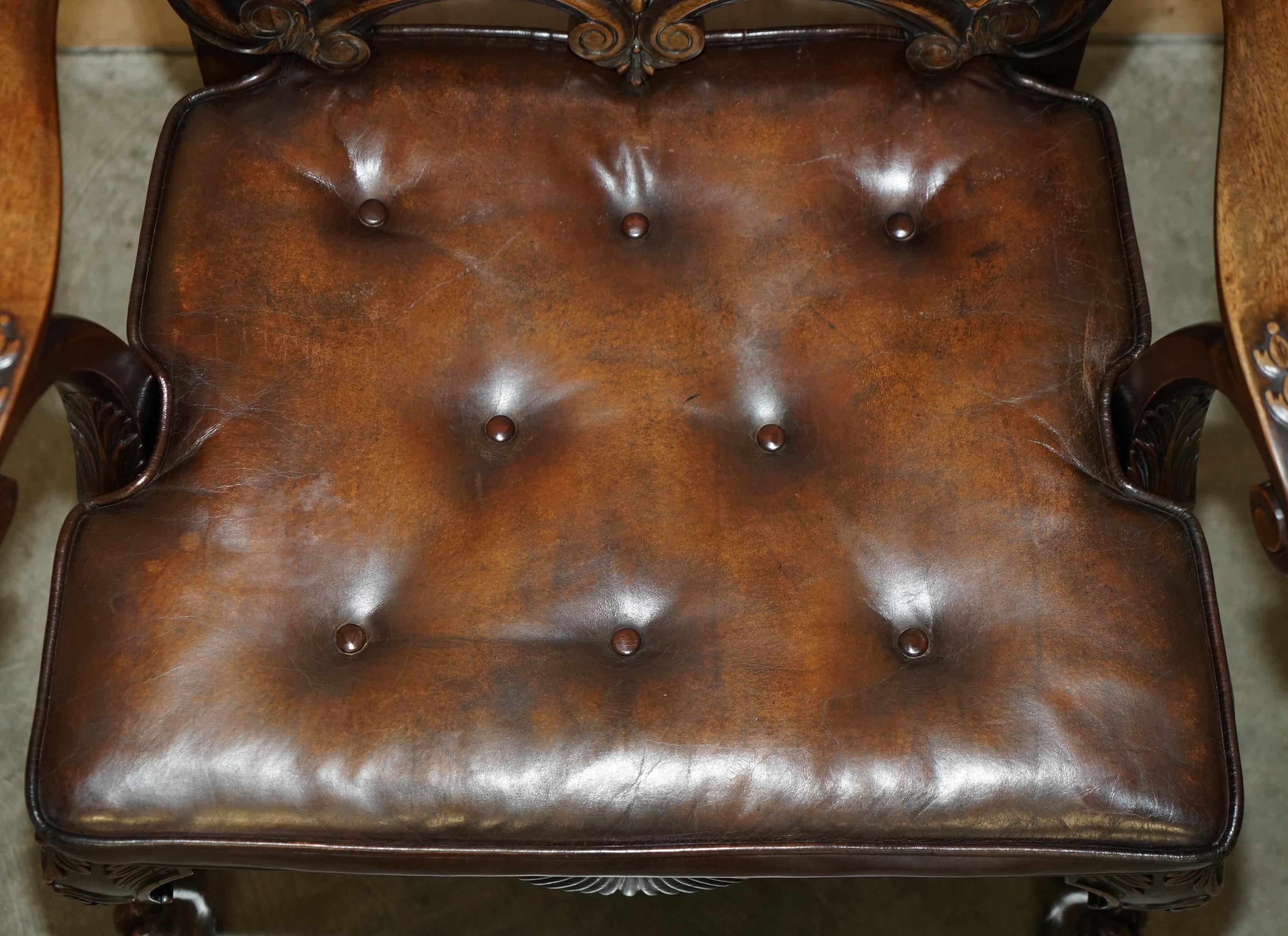 VICTORIAN THOMAS CHIPPENDALE LION'S HAIRY PAW BERGERE BROWN LEATHER ARMCHAiR For Sale 3