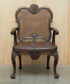 VICTORIAN THOMAS CHIPPENDALE LION'S HAIRY PAW BERGERE BROWN LEATHER ARMCHAiR