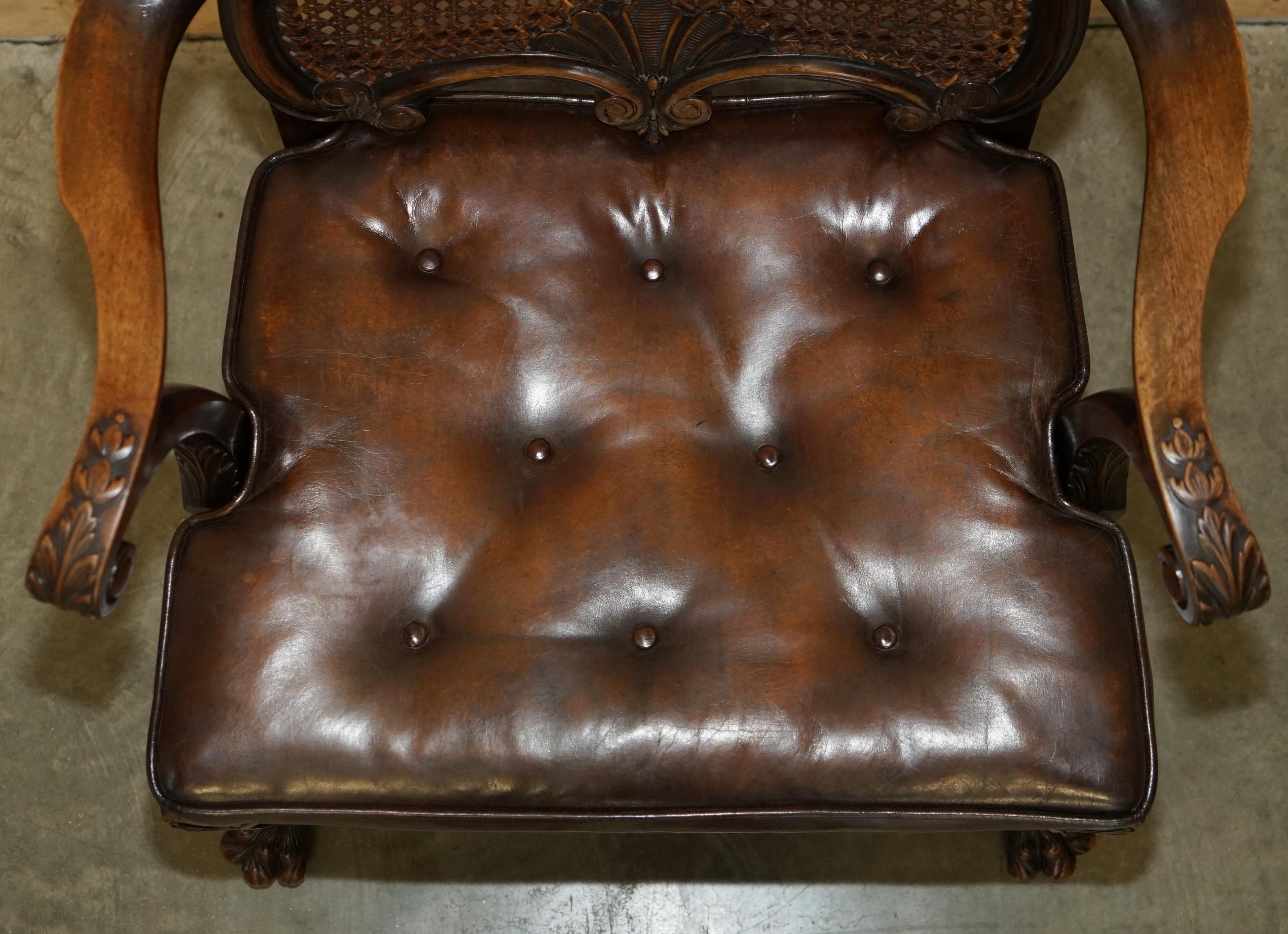 Late 19th Century VICTORIAN THOMAS CHIPPENDALE LION'S HAIRY PAW BERGERE BROWN LEATHER ARMCHAiR For Sale