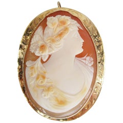 Victorian Three Color Hand Carved Shell Cameo in 10 Karat Gold Engraved Frame