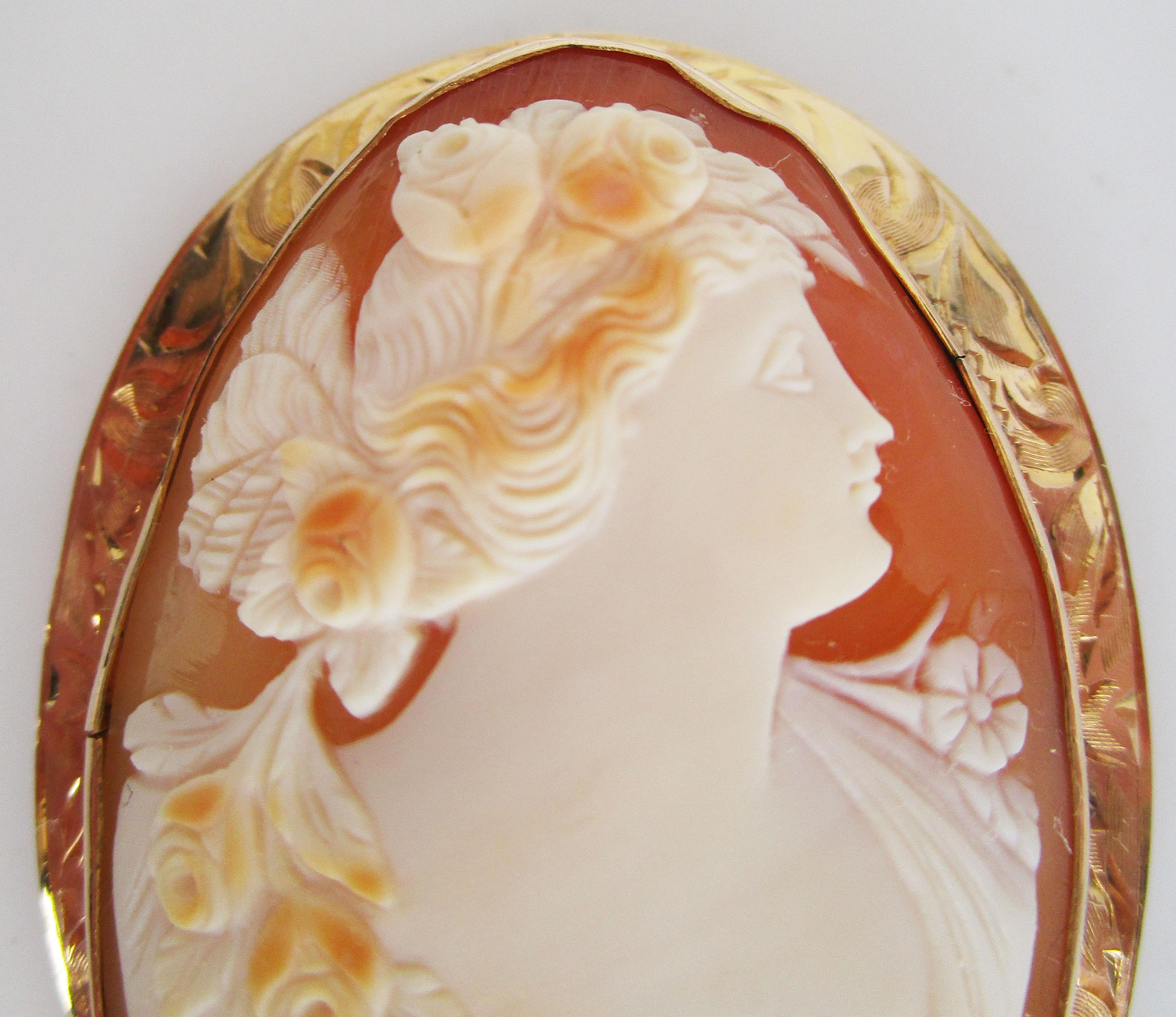 Victorian Three Color Hand Carved Shell Cameo in 10 Karat Gold Engraved Frame In Good Condition In Lexington, KY
