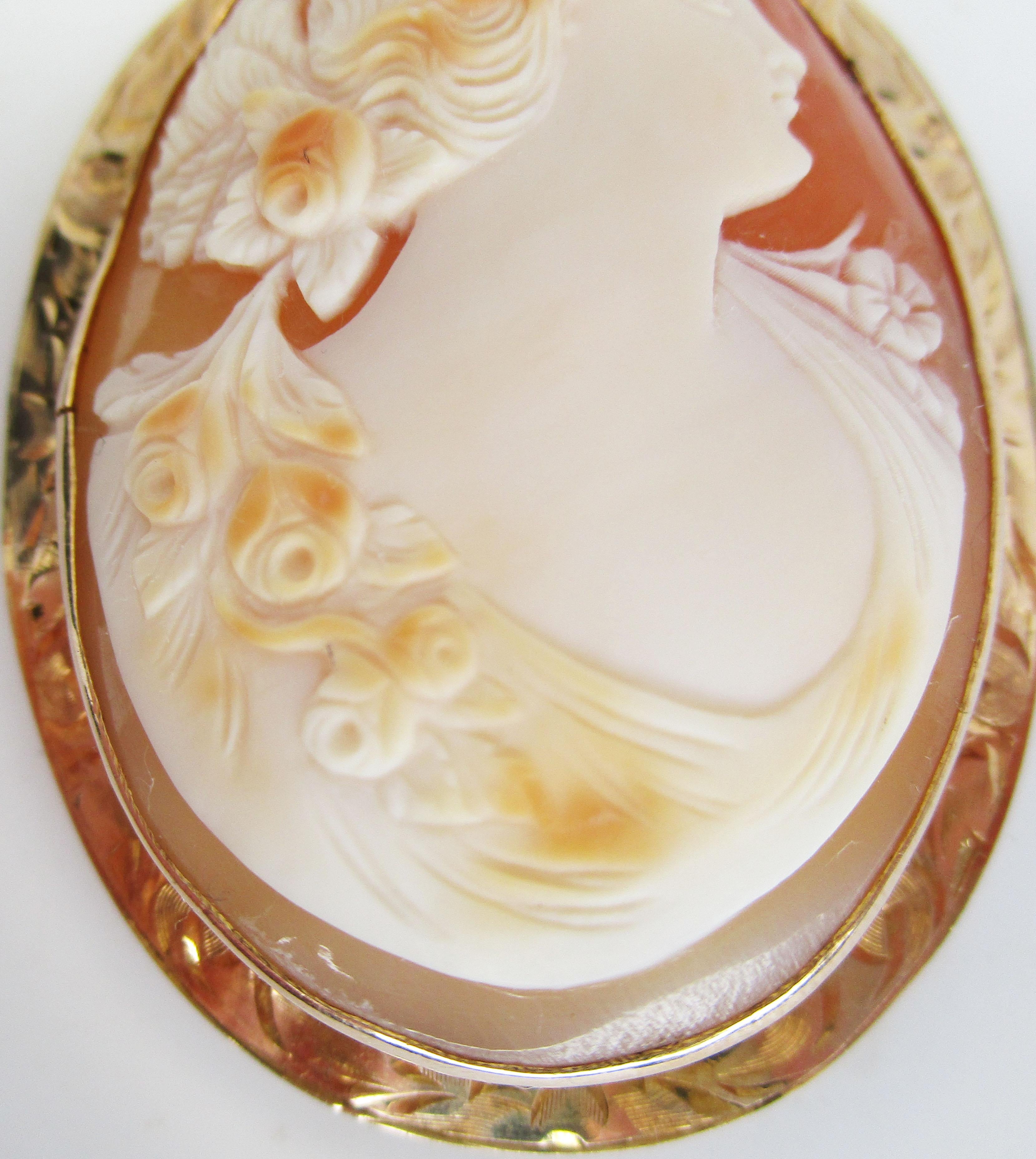 Women's or Men's Victorian Three Color Hand Carved Shell Cameo in 10 Karat Gold Engraved Frame