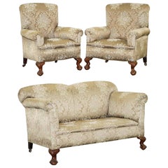 Victorian Three Piece Suite Drop Arm Sofa & Pair of Armchairs Claw and Ball Feet